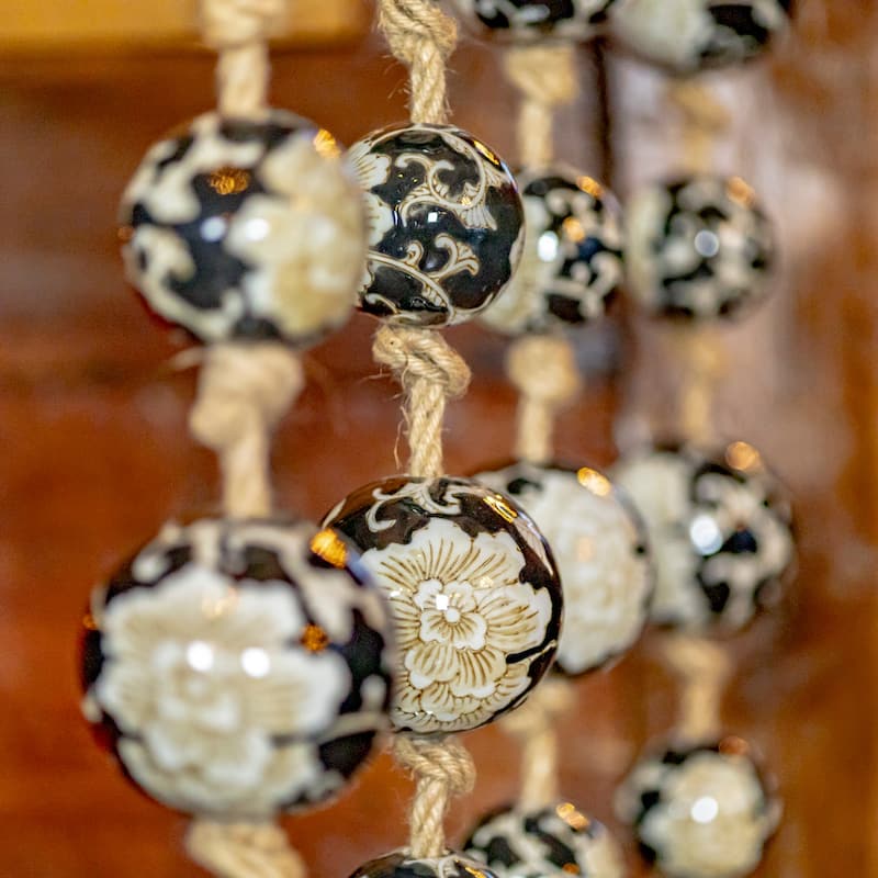 74" Long Porcelain Tsugo Ball Garland in Black and White "Chihiro" - 4" x 4" x 74"