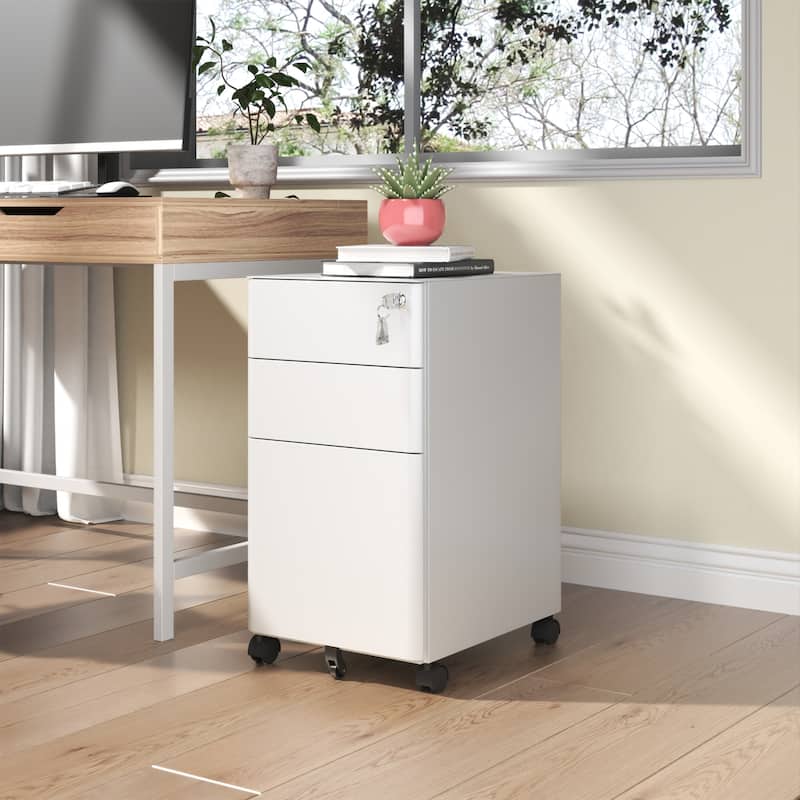 Modern 3-Drawer Mobile Filing Cabinet with 2 Locking Wheels and Anti-Tipping Device, for Office and Home Use, White - White