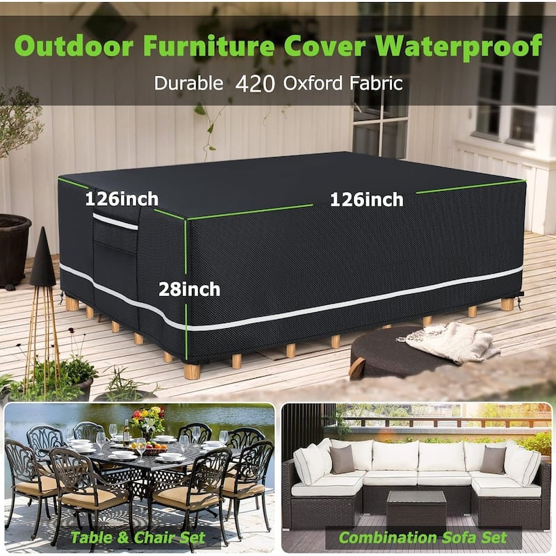 Heavy Duty 420D Waterproof Patio Furniture Covers – Outdoor Dining Table & Chair Cover, Tear-Resistant , 126"L x 126"W x 28"H