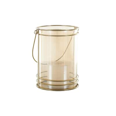 Metal Indoor Outdoor Candle Lantern with Thin Circular Rods and Tinted Glass - Gold - Roche River Decor