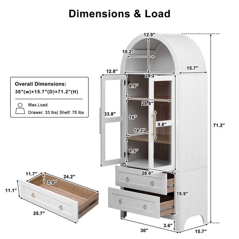 Spruce & Spring 71" Tall Modern Arched Bookcase Bookshelf with 2 Drawers
