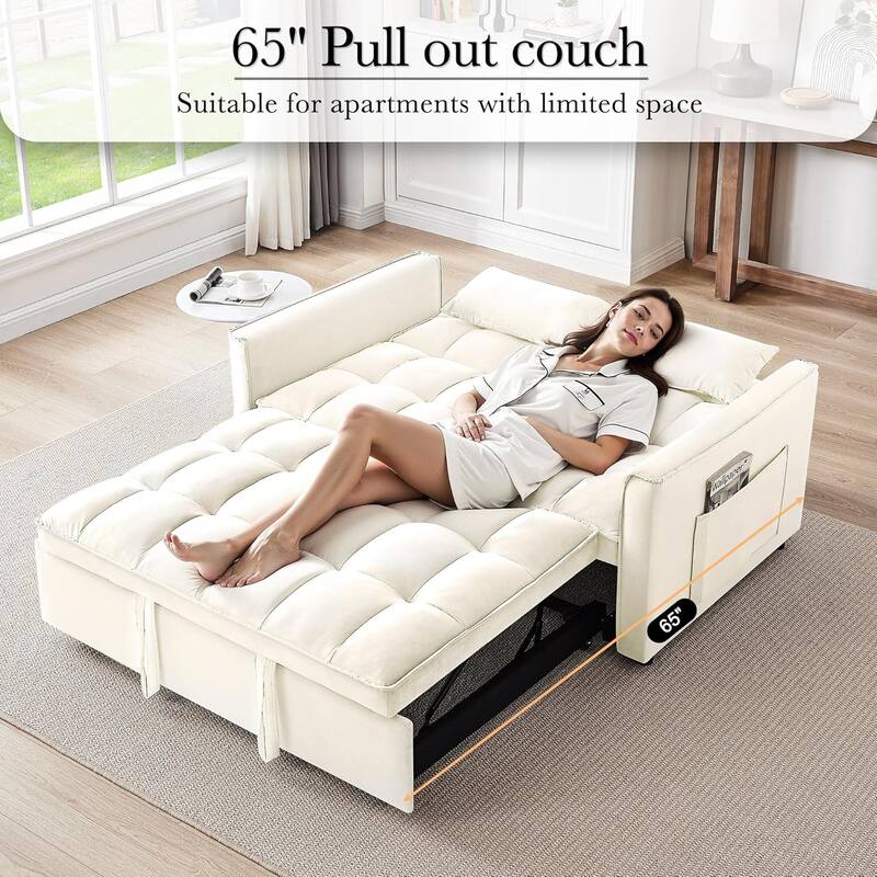 3 in 1 Convertible Sleeper Sofa Bed, Futon Couches for Living Room with Side Pocket, Adjustable Backrest
