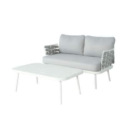 Roomfitters Steel Loveseat with Woven Rope Arms and Coffee Table