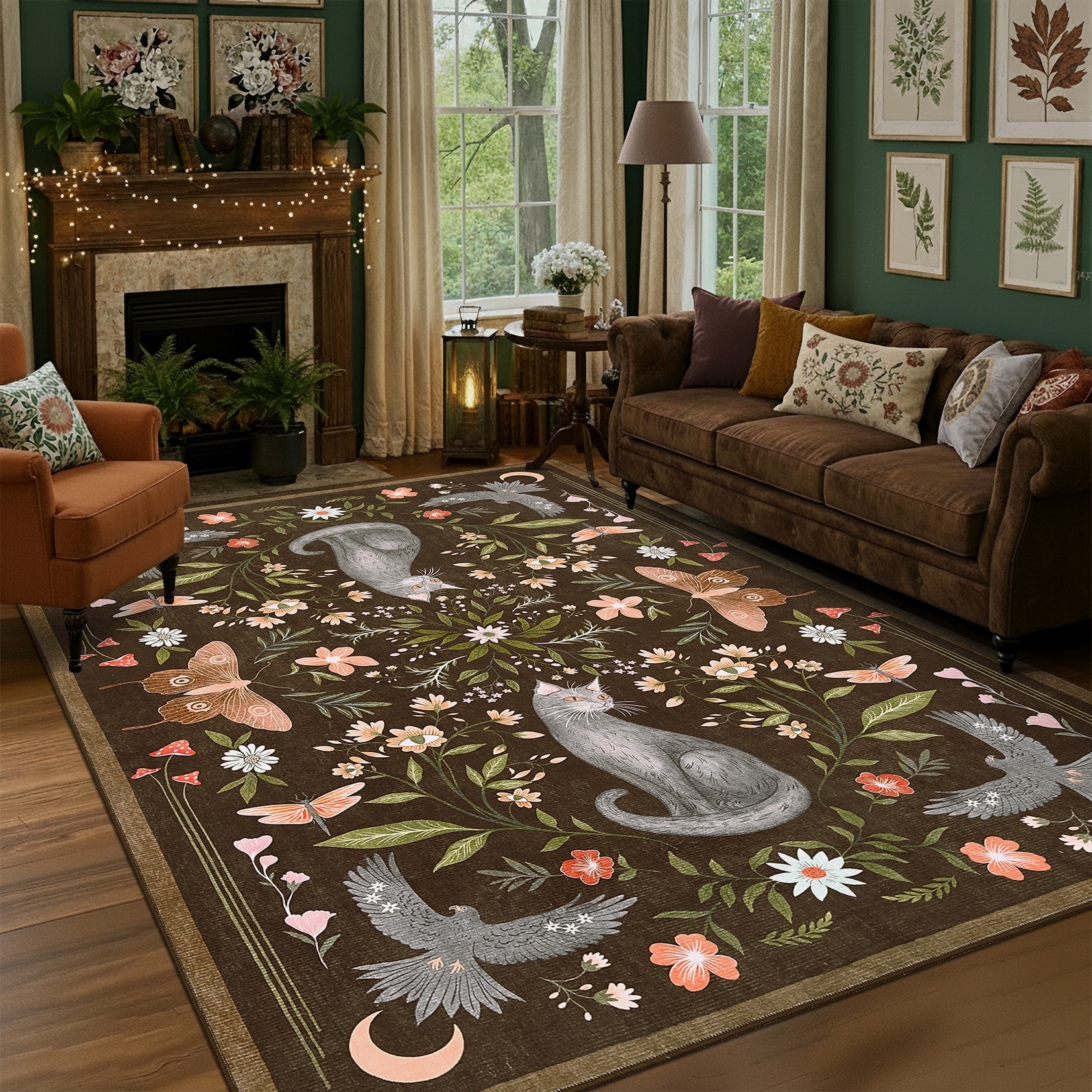 Garvee Cat Floral Washable Living Room Area Rug
