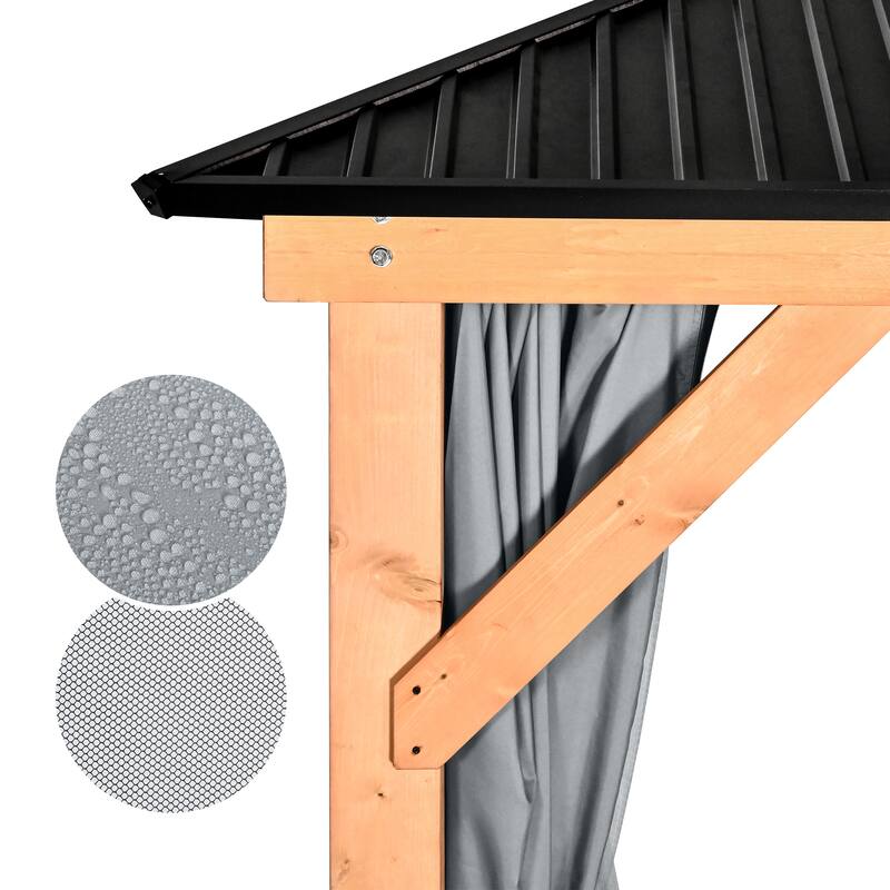 11 ft. x 13 ft. Outdoor Double Roof Hardtop Wooden Patio Gazebo with Netting and Curtains
