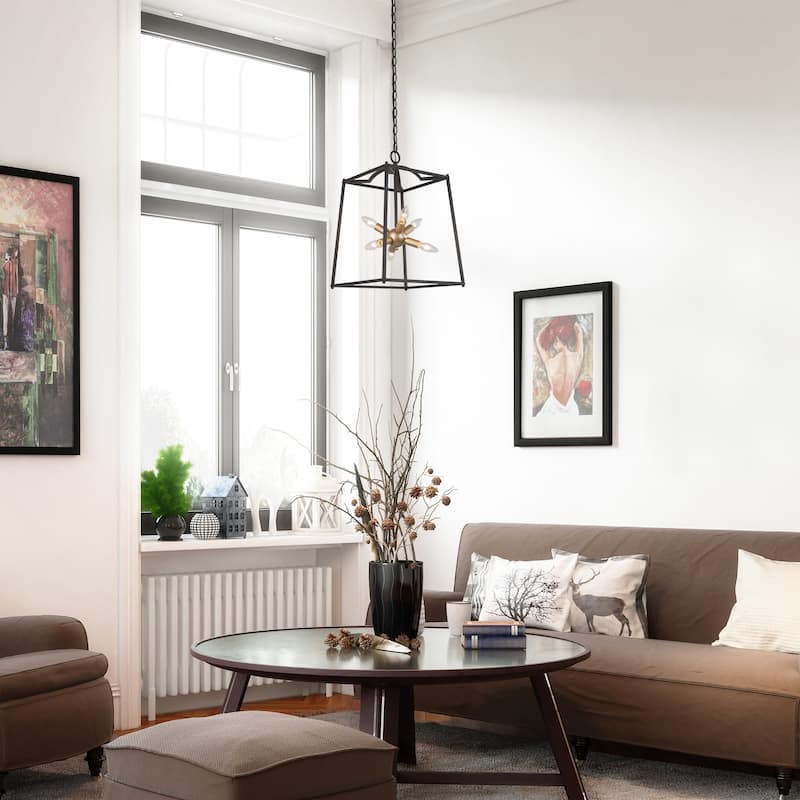 Modern Transitional Black Gold 6-light Lantern Foyer Metal Pendant for Kitchen - D14" x H82"