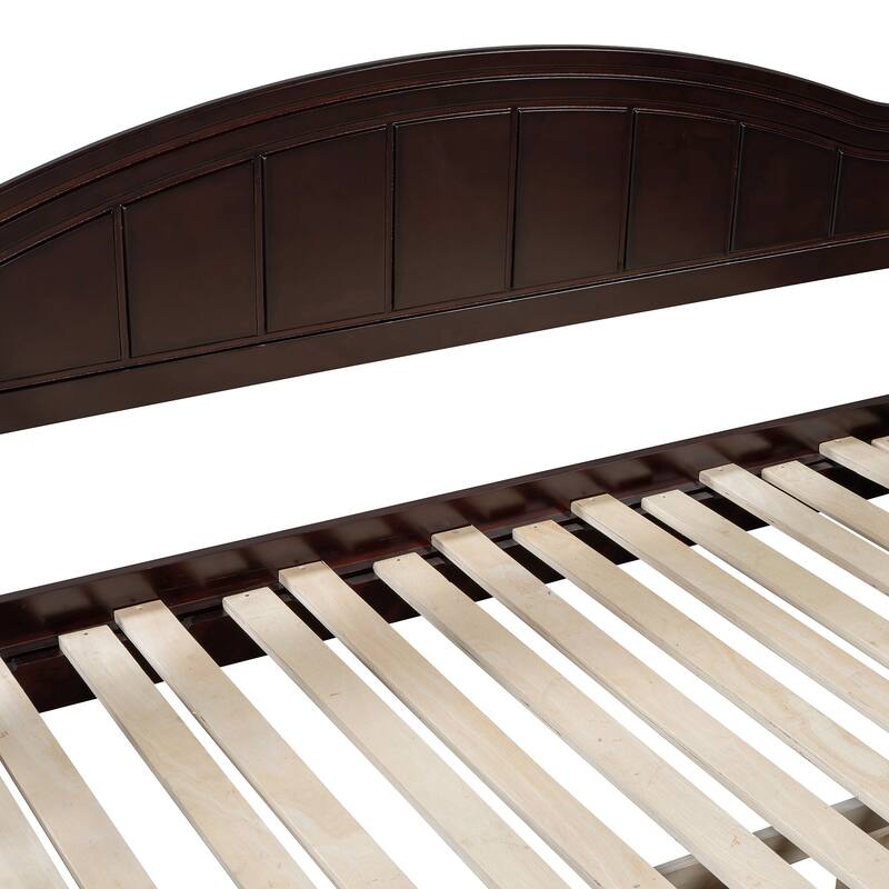 Twin Daybed Extendable Wood Sofa Bed Frame w/ Pull-out Trundle & 2 Storage Drawers, Wood Slat Support, Guardrails on Both Sides