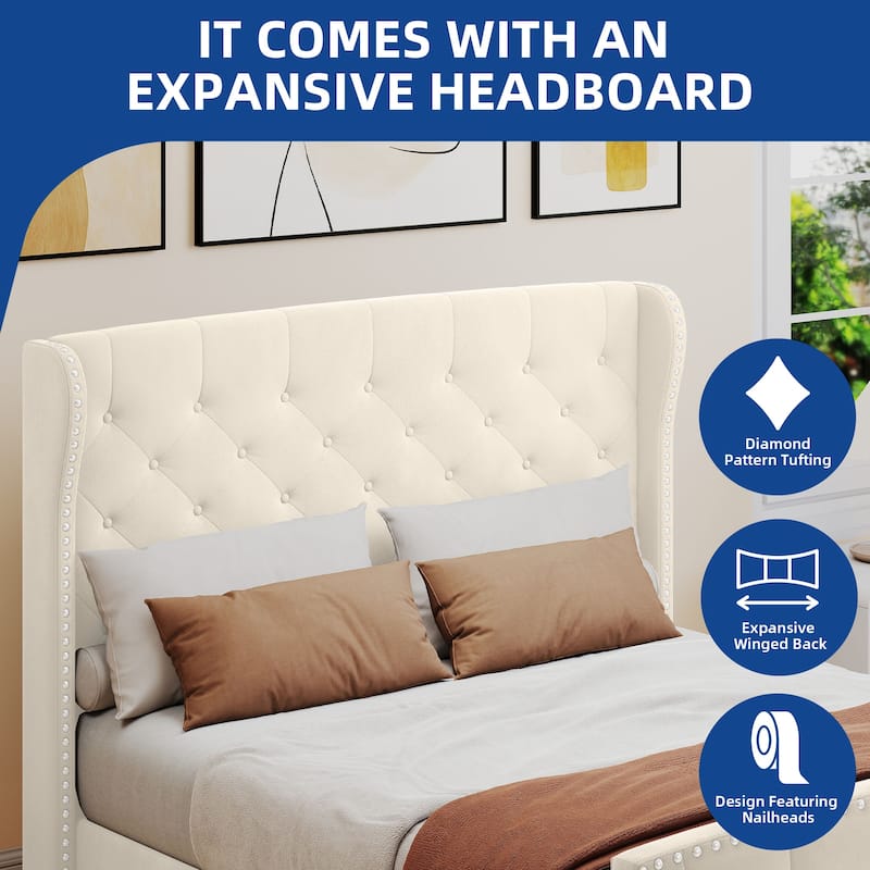 Moasis King Velvet Tufted Upholstered Wingback Platform Bed Frame with Headboard and Footboard