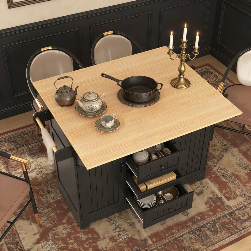 55.7" Rolling Kitchen Island with Double Drop Leaf, Power Outlet, 3 Drawers, Spice & Towel Rack, Folding Dining Table Cart