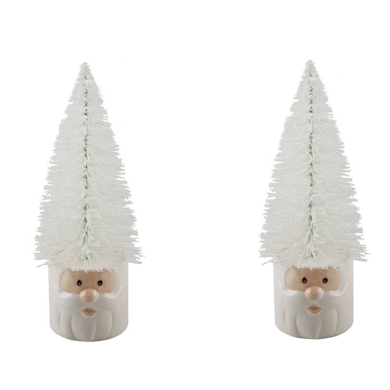 Set of 2 Mini 11" H Christmas Trees in Ceramic Santa - White