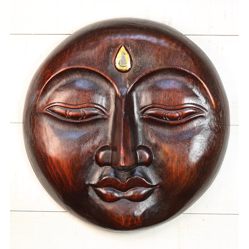Wooden Moon Face Wall Art Hand Carved Crescent Moon Mask, Rustic Boho Home Decor Accent - Brown 12"