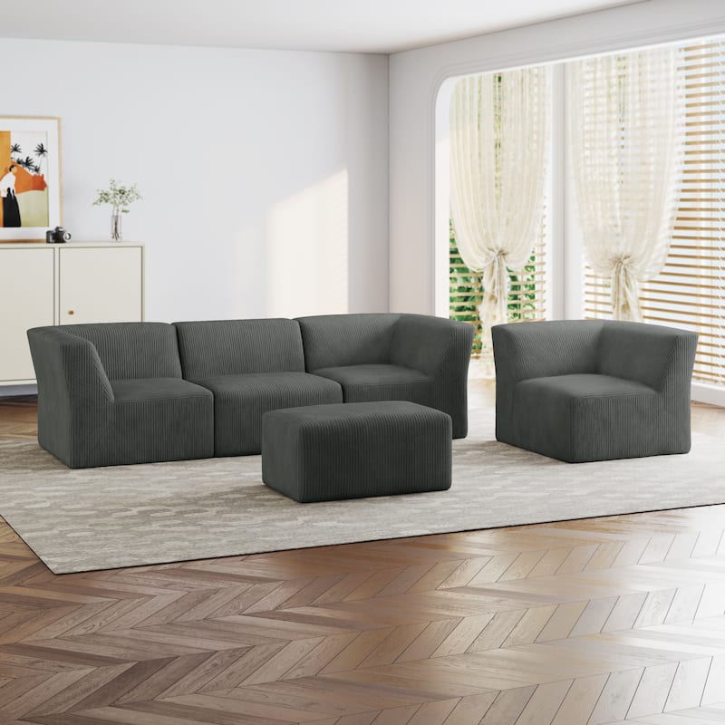 All-Foam 5-Piece Living Room Sectional Sofa Set With Ottoman - Grey