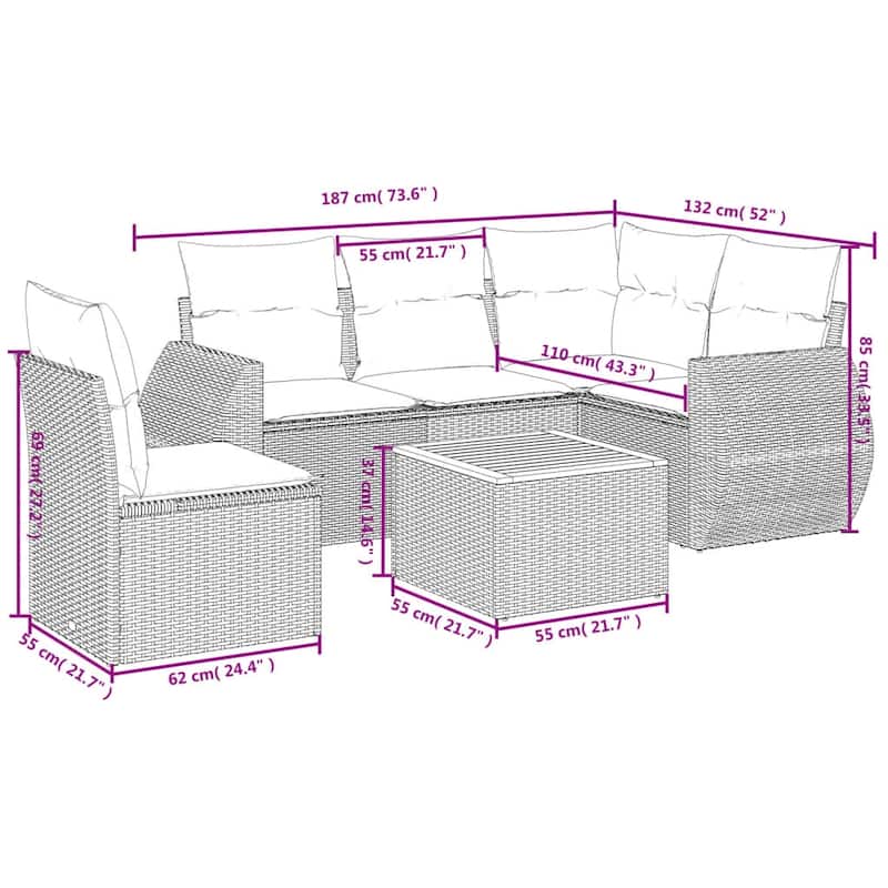 vidaXL Patio Sofa Set with Cushions Outdoor Furniture 6 Piece Poly Rattan - 21.7 x 21.7 x 14.6