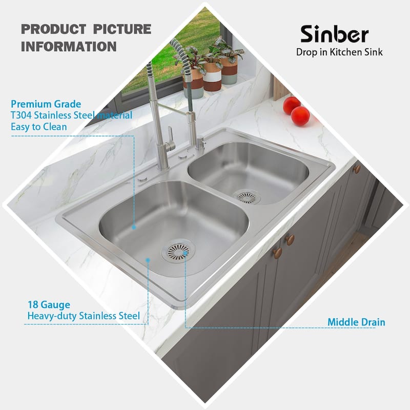 Sinber Drop in Double Bowl 304 Stainless Steel Kitchen Sink
