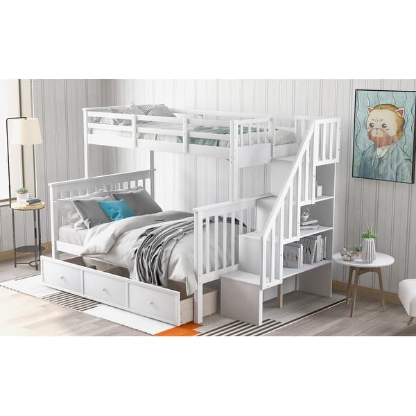 slide 2 of 13, Stairway Twin-Over-Full Bunk Storage Bed w/ Drawer, Guard Rail, White White - Full