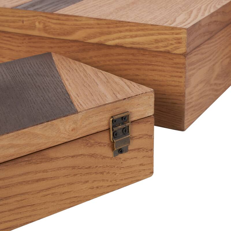 Brown Wooden Geometric Decorative Box with Cream and Dark Brown Stripes (Set of 3)