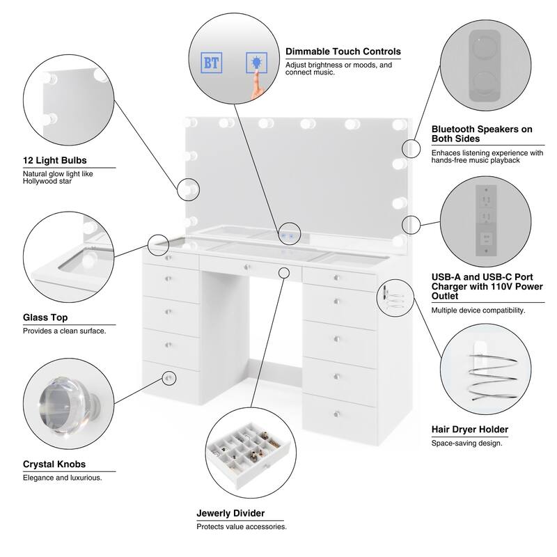 Boahaus Elle Makeup Vanity with Bluetooth Speaker, 12 Lights, and 11 Drawers