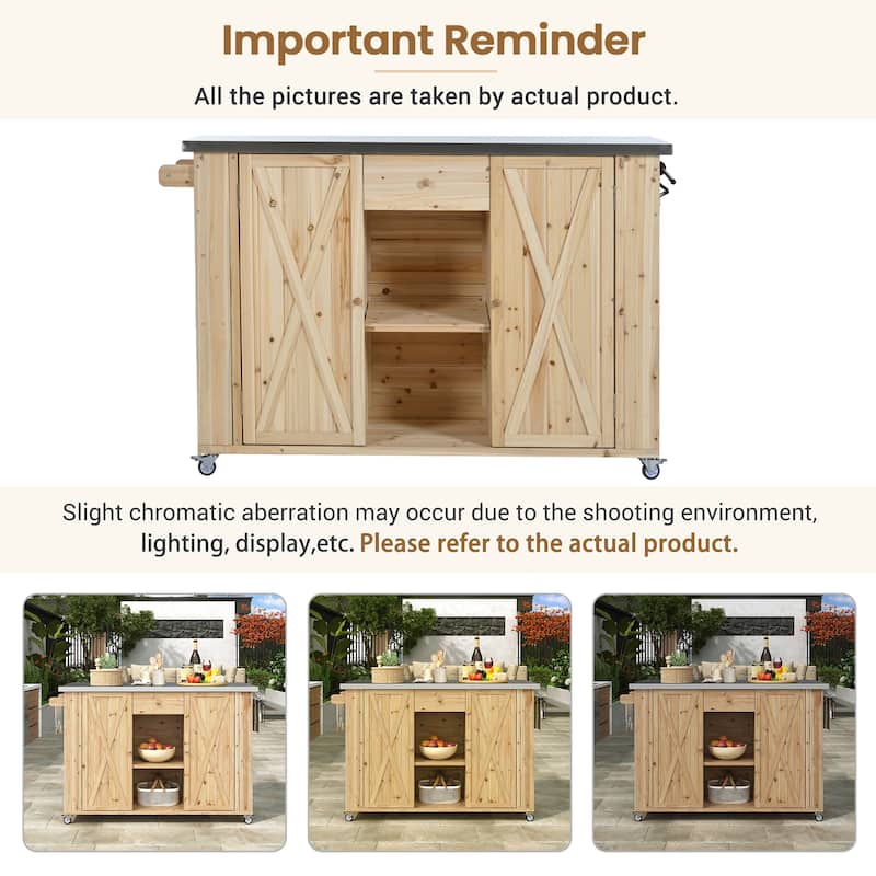 Roomfitters Outdoor Fir Wood Kitchen Island with Stainless Steel Top Towel & Spice Racks Bottle Opener
