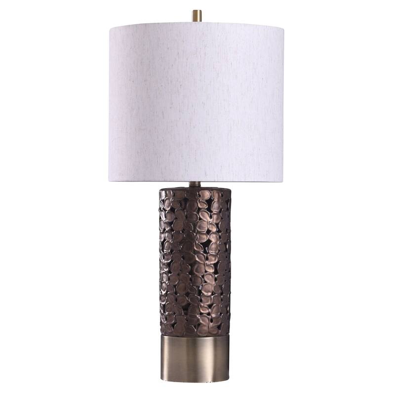 StyleCraft Chesham Brass and Bronze Floral Open Design Column Table Lamp with Off-White Drum Shade