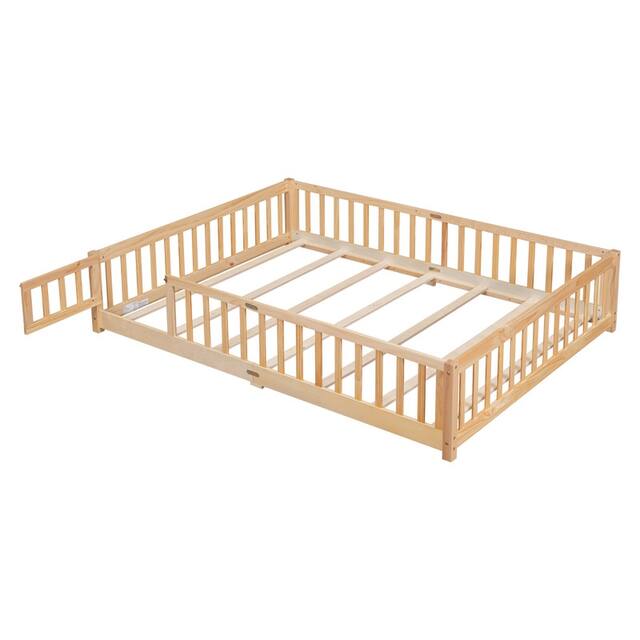 Twin/Full/Queen size Floor Platform Bed with Fence and Door for Kids, Toddlers