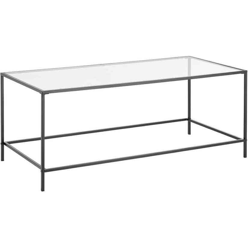 Minimalist Glass Top Coffee Table with Metal Frame, Rectangular Design for Living Room or Bedroom - Black