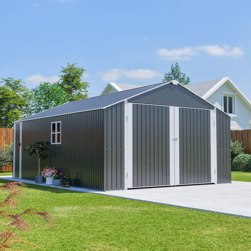 GDFStudio - Cassandra Large Outdoor Metal Storage Shed with Lockable Doors for Secure Vehicle and Equipment Storage