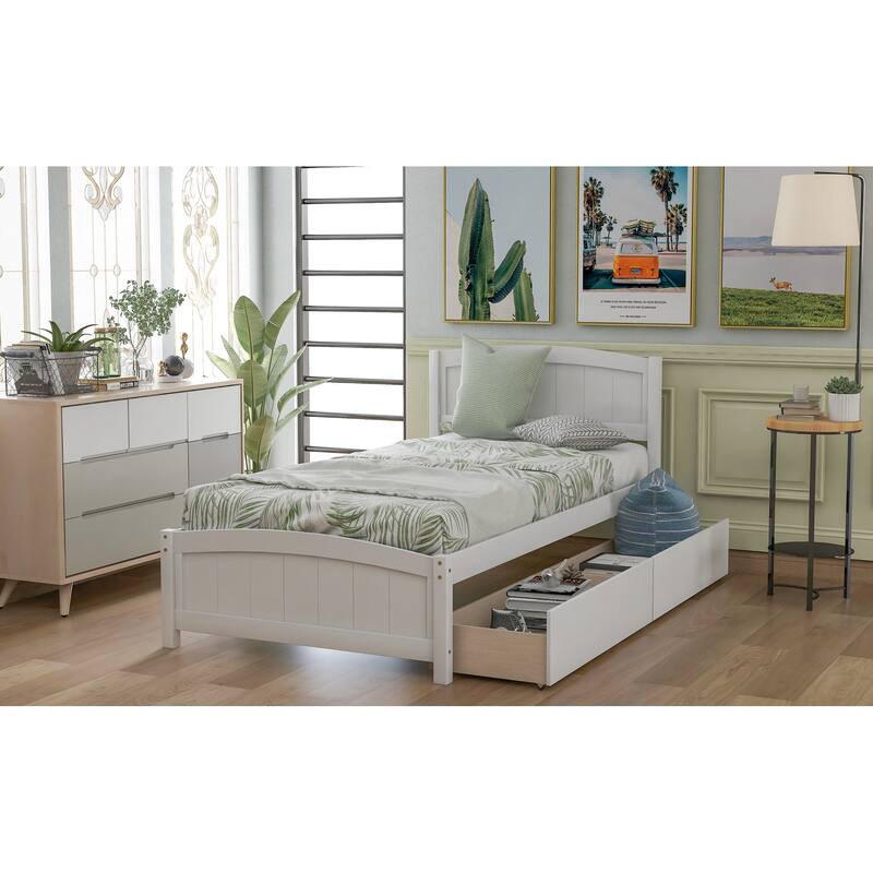 Twin Size White Platform Bed with Two Drawers, Solid Pine Wood Frame