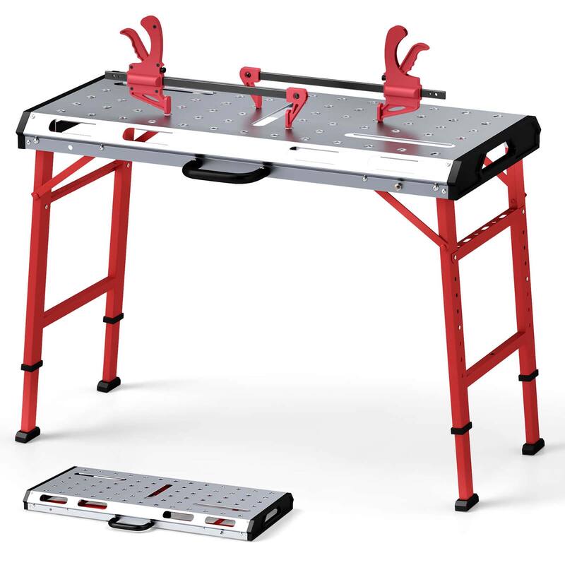 Costway Welding Table 42" x 21" with Adjustable Height 2 Bar Clamps - See Details - Silver and Red - See Details
