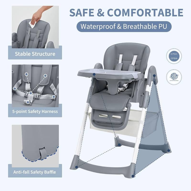 Adjustable Backrest Foldable High Chair for Babies & Toddlers, Dark Grey