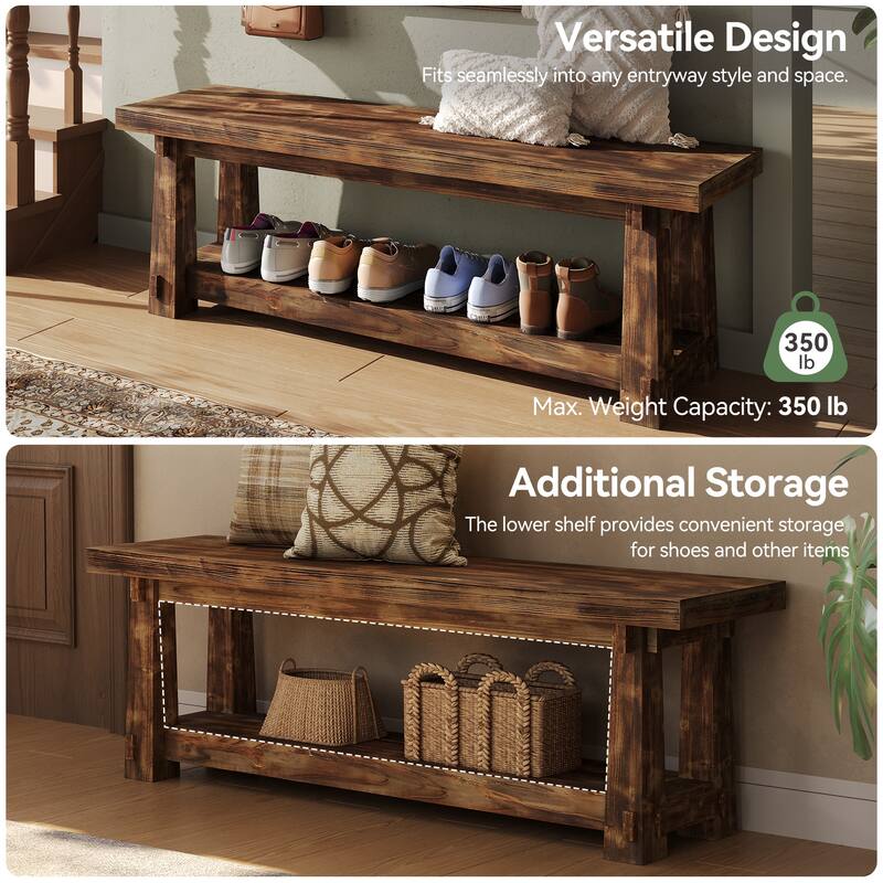 55" Solid Wood Entryway Bench with Shoe Storage, Charred Wood Grain