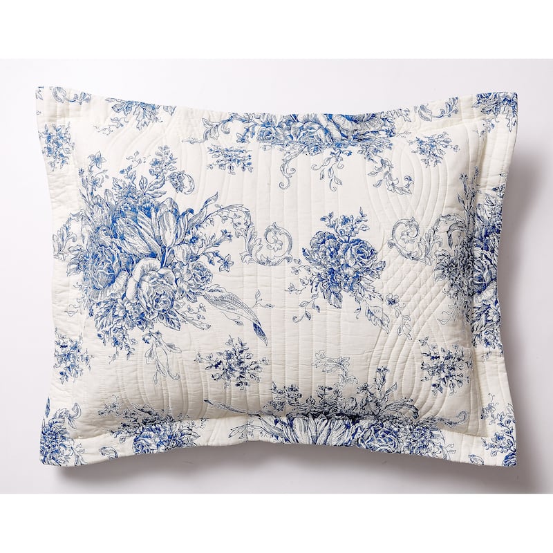 Toile and Bamboo Stripes Reversible Cotton Quilt Set