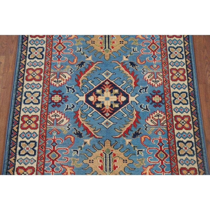 Blue Geometric Kazak Foyer Rug Hand-Knotted Wool Carpet - 2'10" x 3'11"
