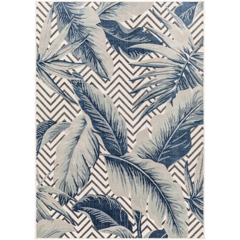 Livabliss Cabo Indoor/ Outdoor Chevron Tropical Area Rug - 5'2" x 7' - Blue/Grey