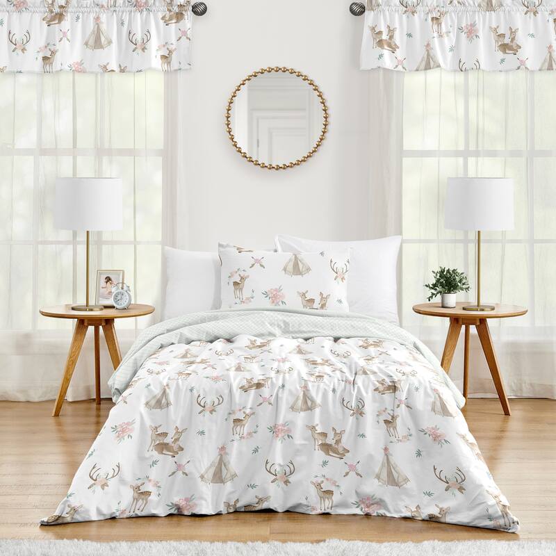 Sweet Jojo Designs Blush Pink Mint Boho Watercolor Woodland Deer Floral Collection Girl 2-piece Twin-size Comforter Set