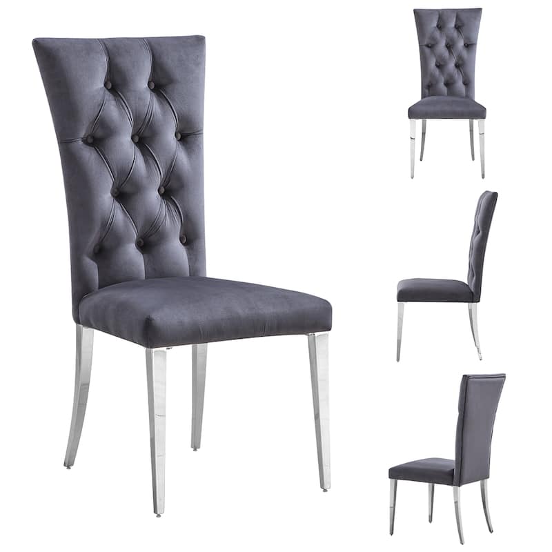Modern Stylish Grey Velvet Buttons Tufted Upholstered Dining Room Chairs with Silver Stainless Steel Legs