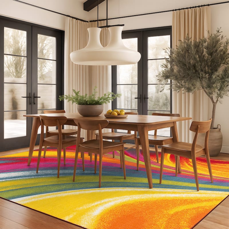 World Rug Gallery Modern Contemporary Waves Multicolored Non-slip Non-skid Area Rug