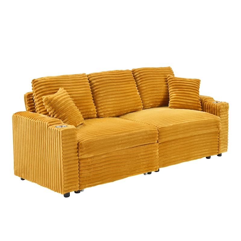 Roomfitters Corduroy Pull Out Sofa Bed with Cup Holders, 2-in-1 Folding Couch for Space Saving Living Room Comfort