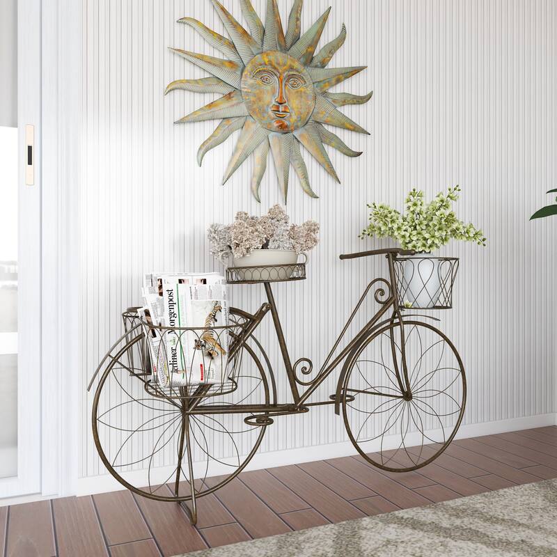 Brown Metal Indoor Outdoor Wire Floral Scrolled Bike Indoor Outdoor Plantstand with Basket and Saddle Bag Planters