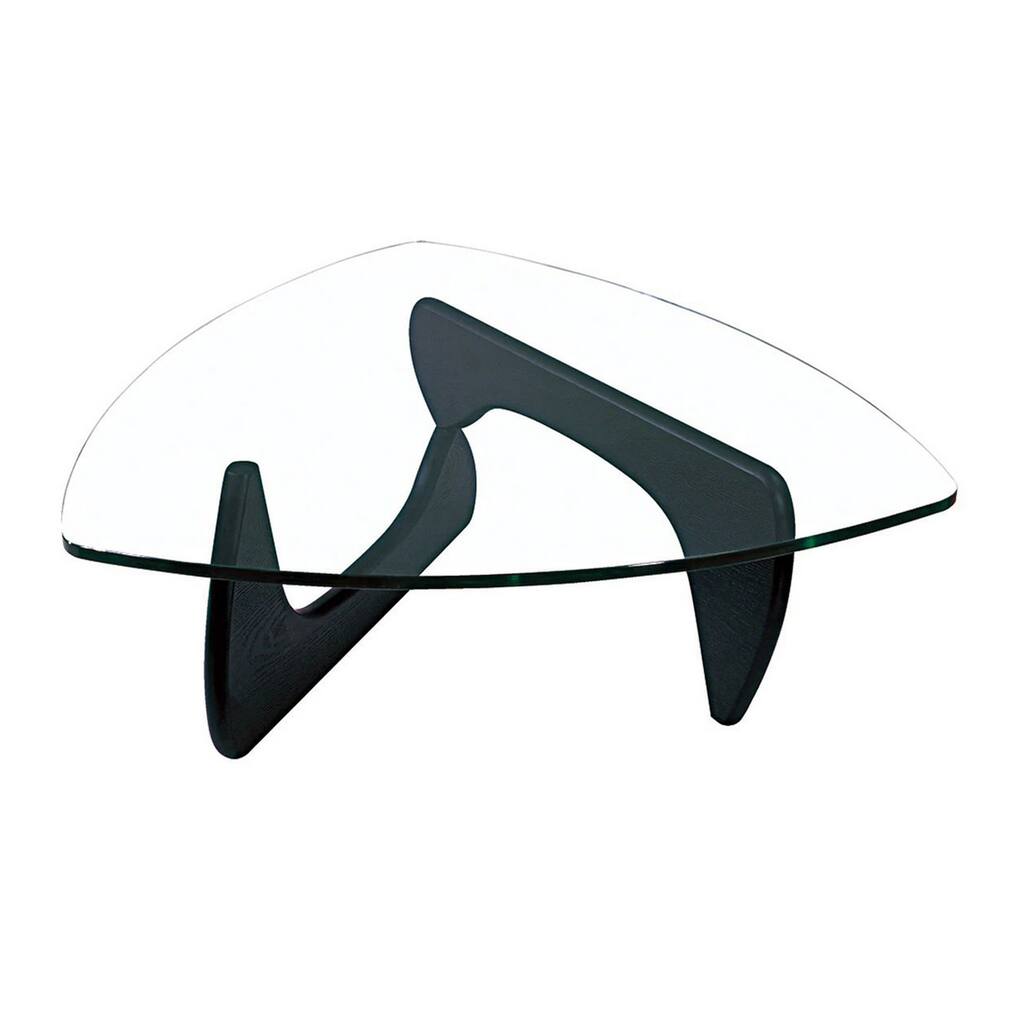 48 Inch Coffee Table, Thick Glass Triangle Tabletop, Black Curved Base