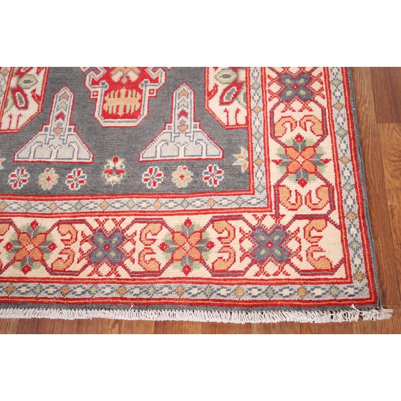 Geometric Kazak Oriental Accent Rug Handmade Grey Wool Carpet - 3'1" x 5'1"