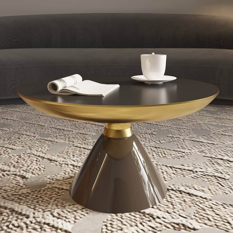 30-Inch Coffee Table Round Glass Tabletop with Gold Iron Rim and Glass Base - Smoke