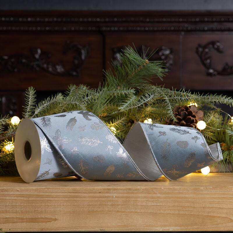 Blue & Silver Metallic Leaf Christmas Wired Craft Ribbons 4"x10 Yards