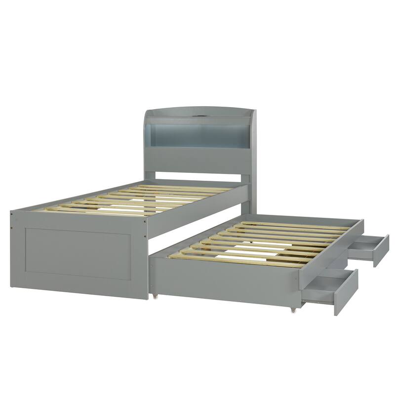 Twin XL Bed with LED Headboard, Charging Station, Trundle