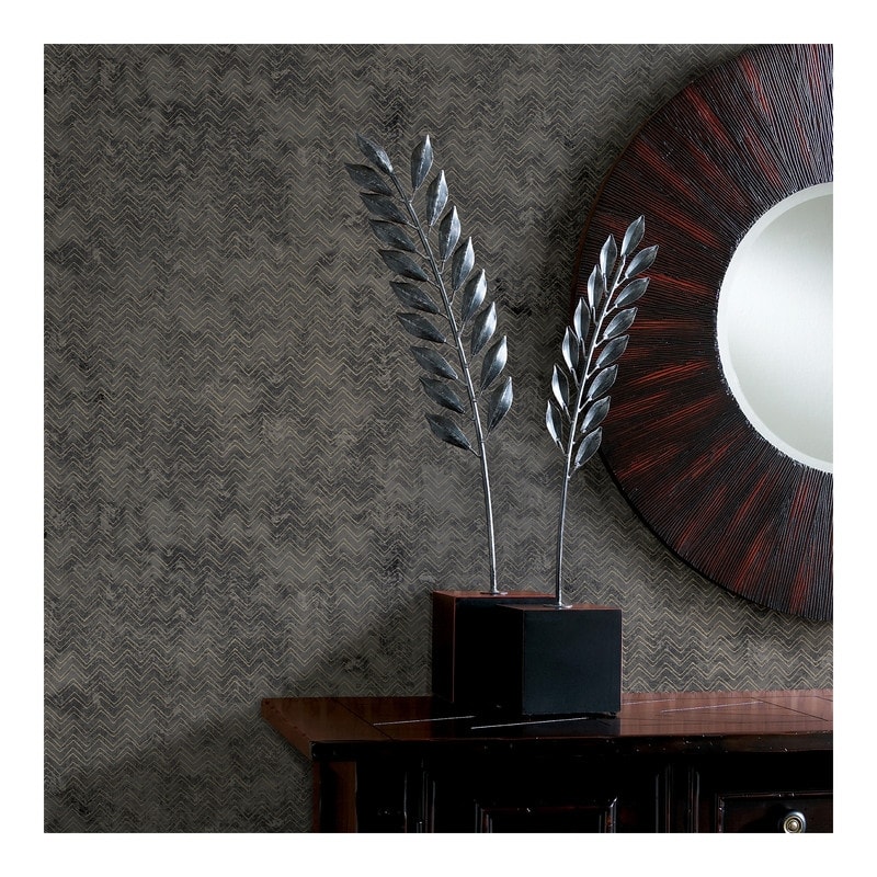 Brewster Luna Charcoal Distressed Chevron Wallpaper - 27.5 x 396 x 0.025