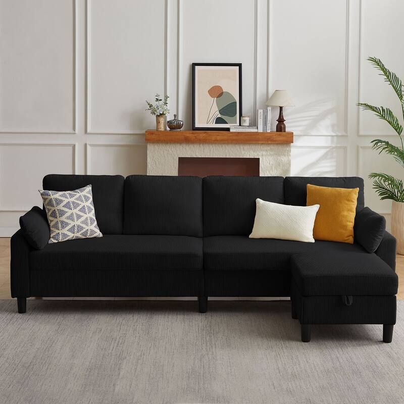 101" Corduroy U Shaped Sectional Sofa with Storage Ottoman - Black - L Shaped
