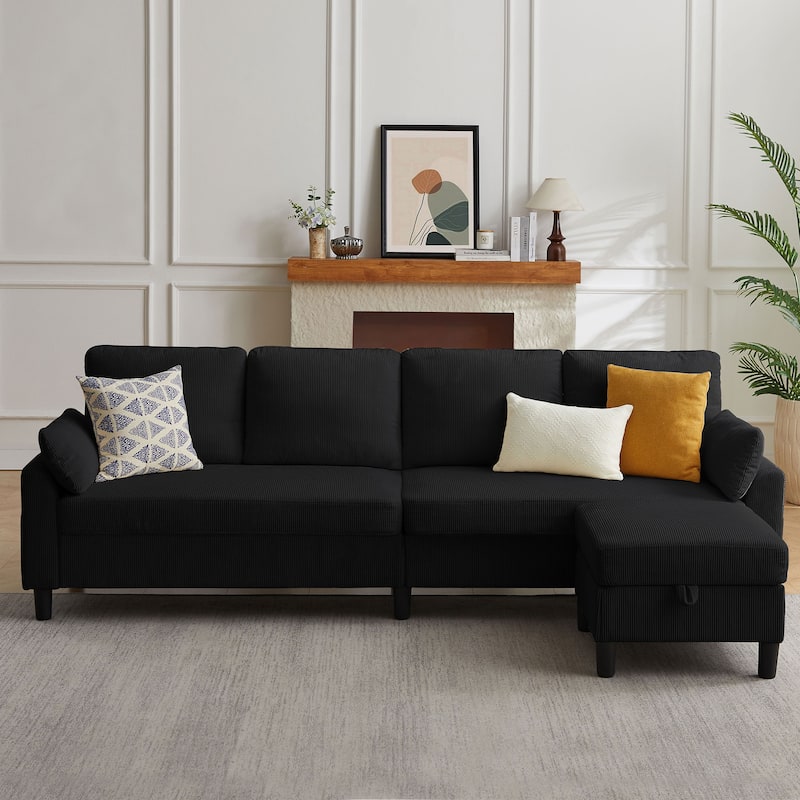 101'' Corduroy Upholstered Sectional Sofa With Storage Ottoman - Black - L Shaped