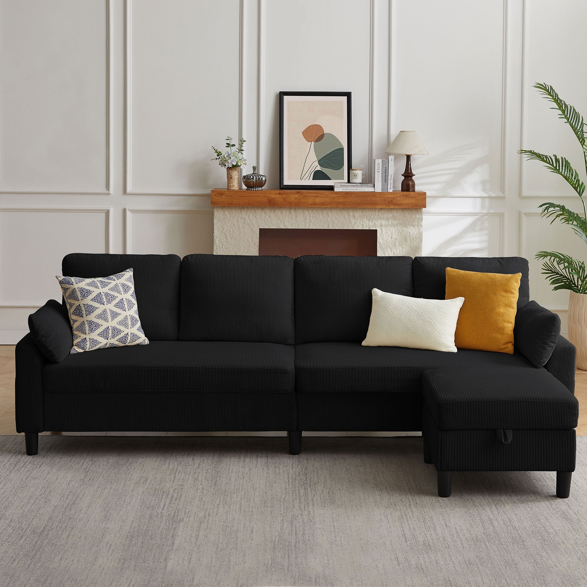 101'' Corduroy Upholstered Sectional Sofa With Storage Ottoman