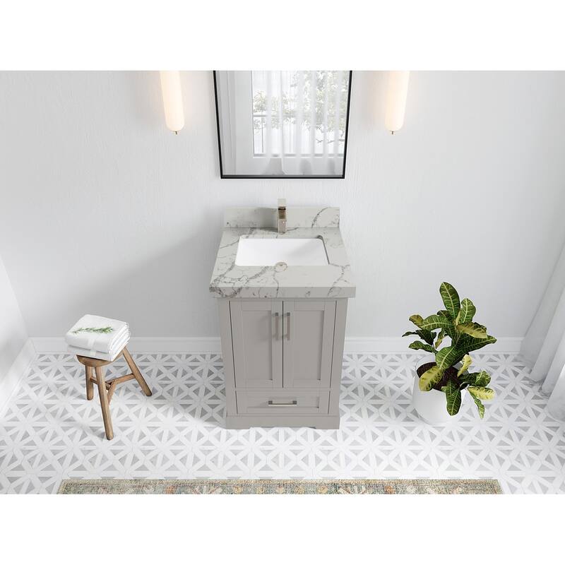 Willow Collection 30 in W x 22 in D x 36 in H Reeded Boston Single Bowl Sink Bathroom Vanity with Quartz or Marble Countertop - 2"Venatino Quartz - Elephant Skin Gray