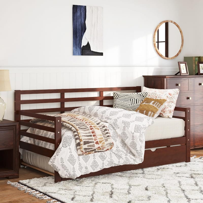 Twin Daybed with Trundle & Guardrails - Brown Pine Wood Bed Frame, 350lbs Capacity, Space-Saving for Guest/Kids Room