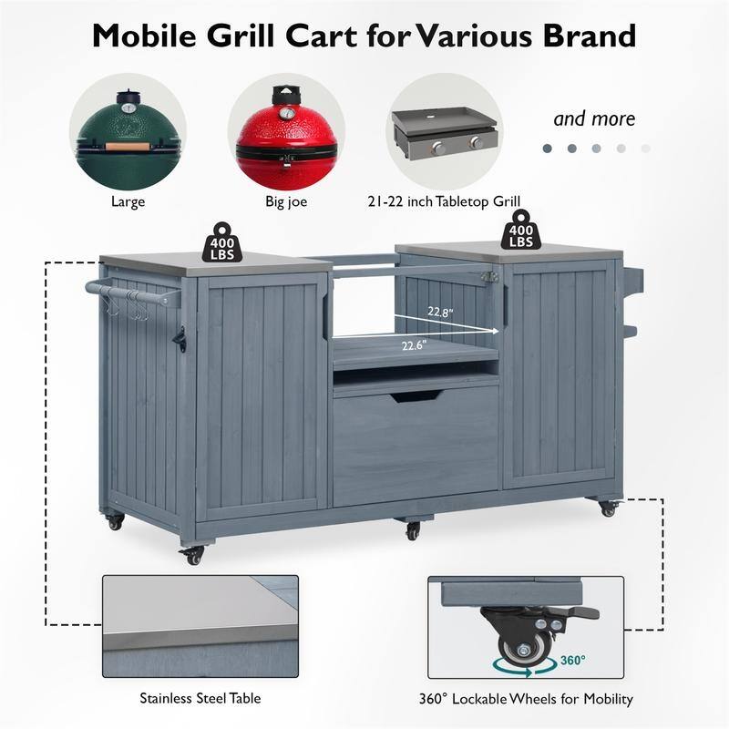 Outdoor Kitchen Island for Big Green Egg Grills, Solid Wood Outdoor Grill Cart w/Stainless Steel Top &Drawer, Patio Kitchen Cart